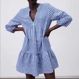 Zara Picnic Blue and White Mini Tiered Gingham Dress. Small